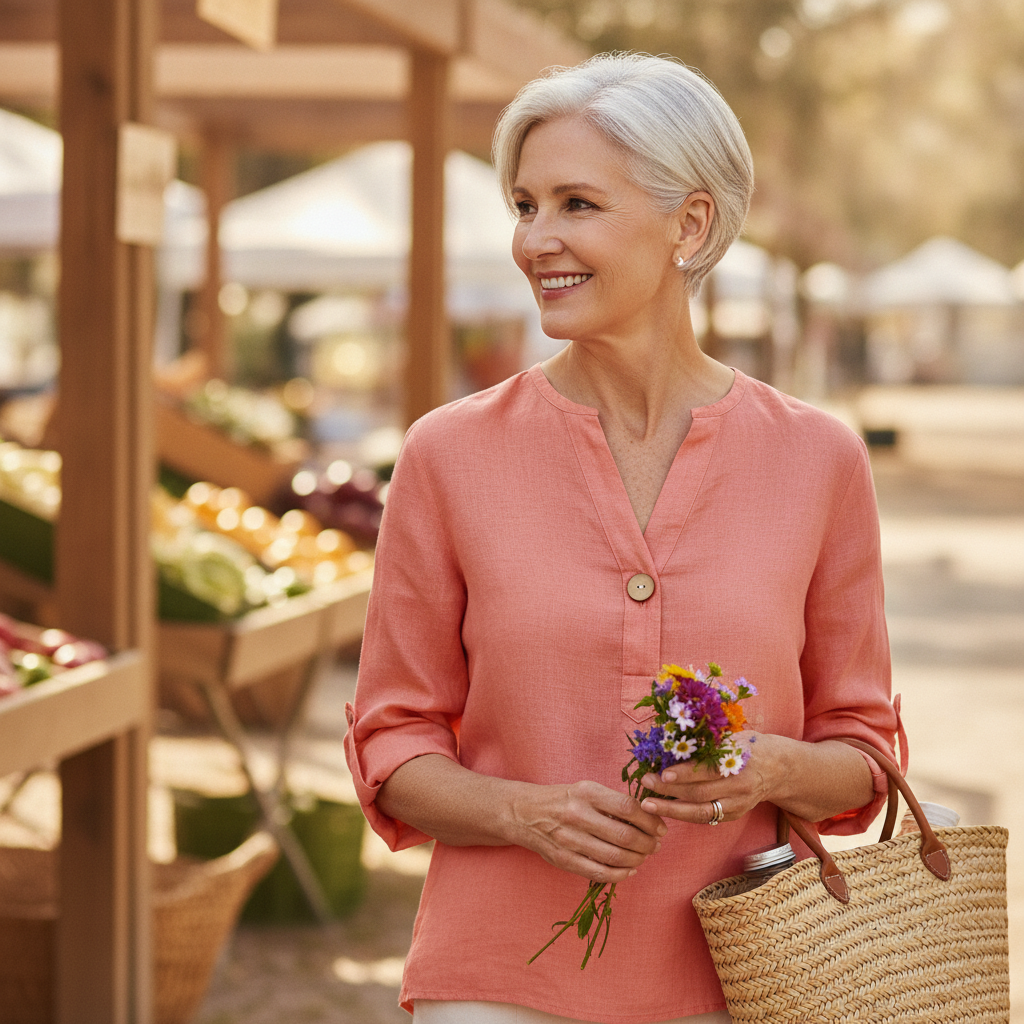 A woman over 50 in a breathable coral linen top at a sunny Queensland farmers market