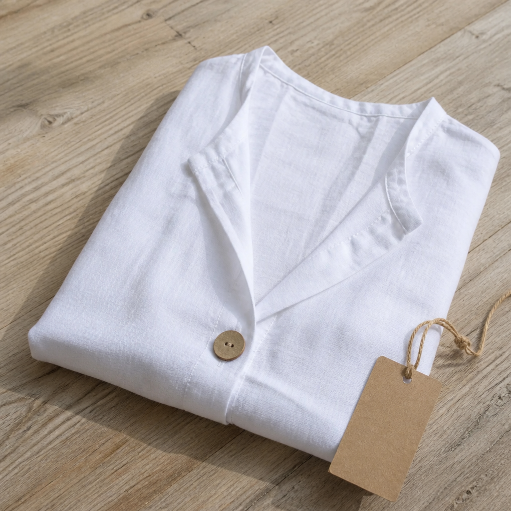 A neatly folded linen top showing its soft natural texture