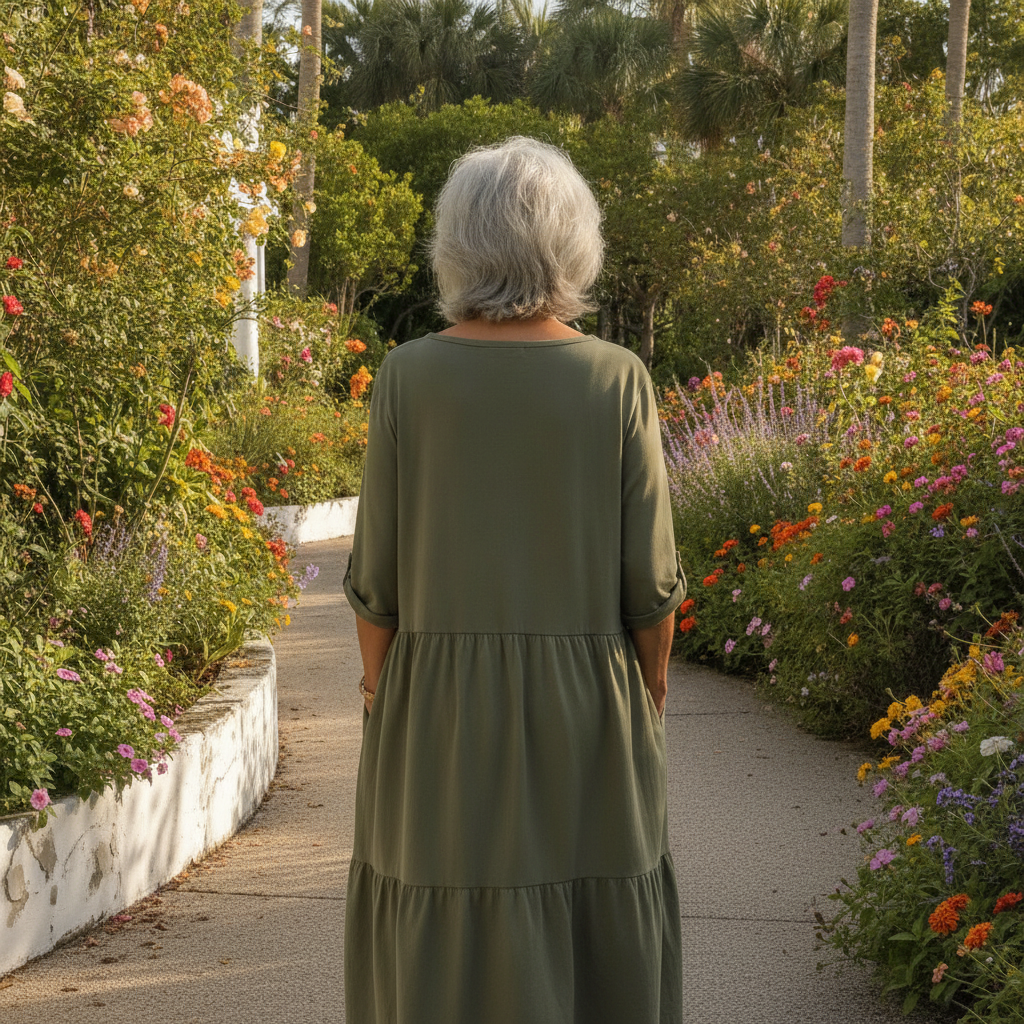 A woman in her sixties in an olive green cotton summer dress walking through a Queensland flower garden