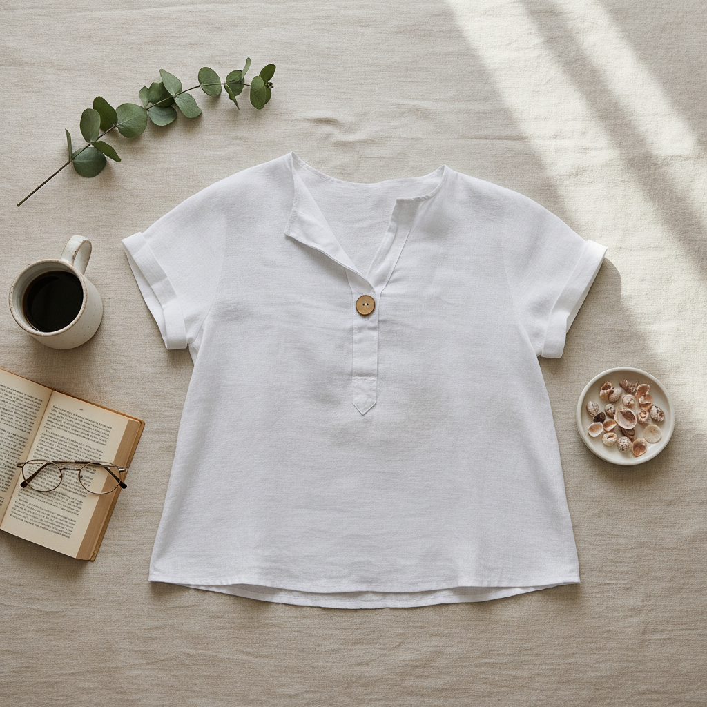 A folded white 100% linen top on a linen cloth with a coffee and a book on a slow summer morning