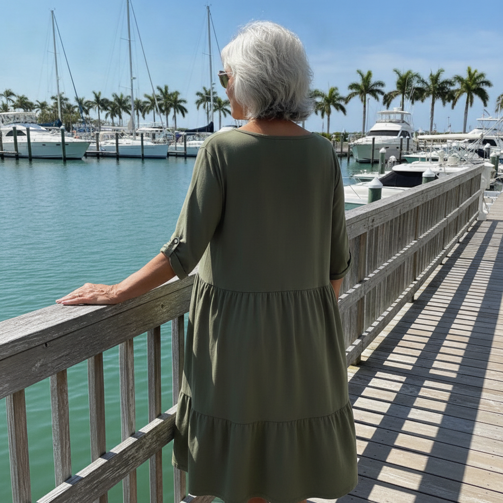 A woman over 50 in a relaxed olive A line cotton dress by a Queensland marina