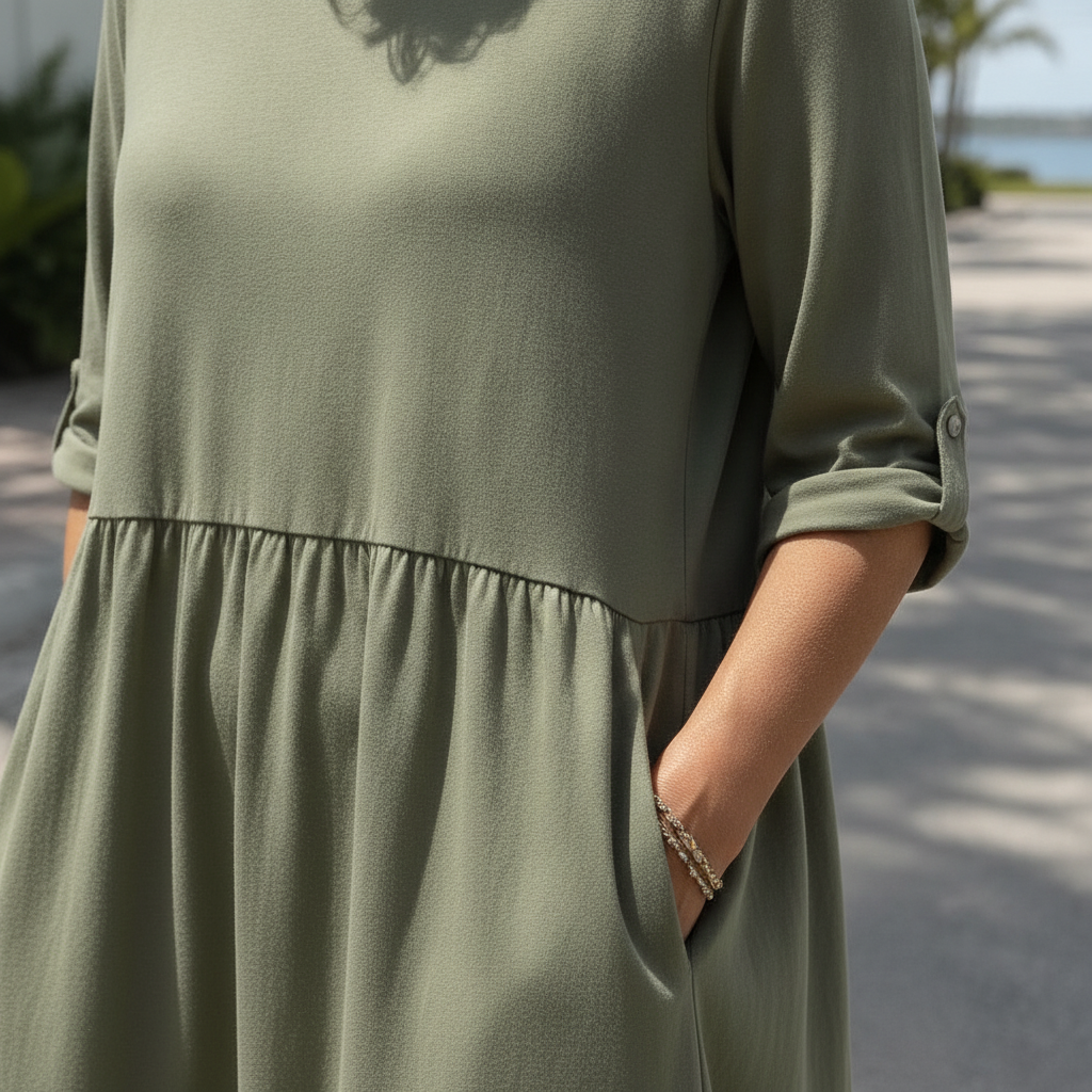 A woman slipping her hand into the deep side pocket of an olive cotton summer dress