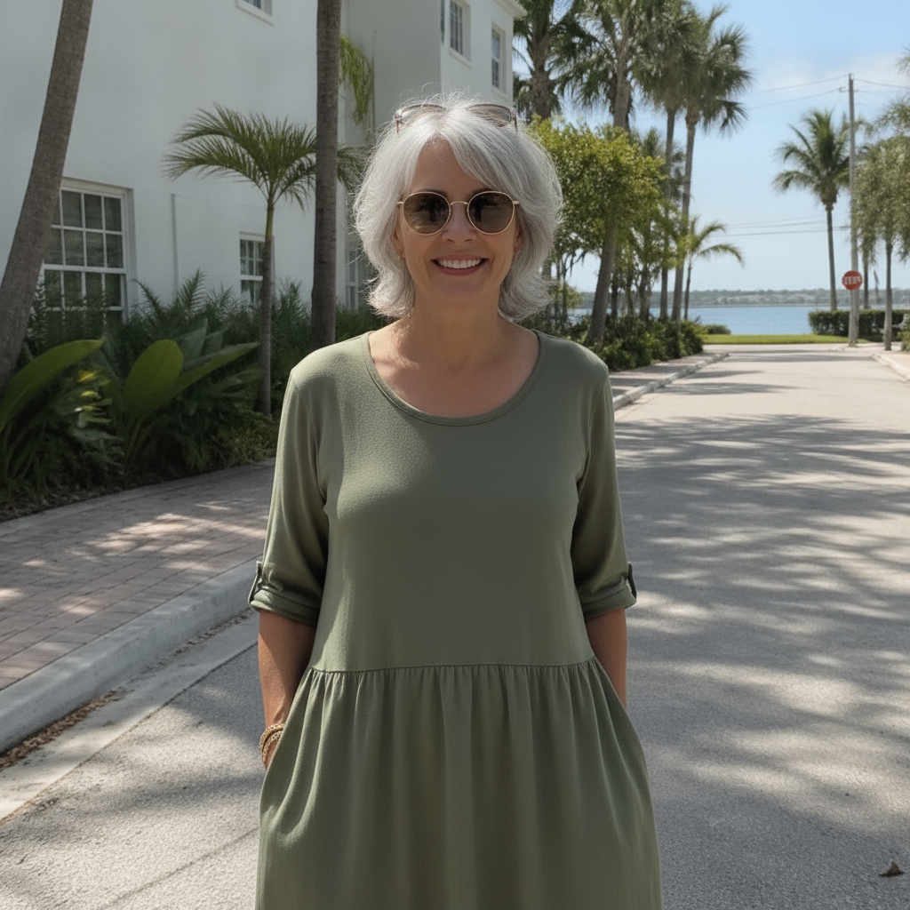 A woman over 50 in a relaxed olive cotton A line dress that skims the body, standing in the Queensland sun
