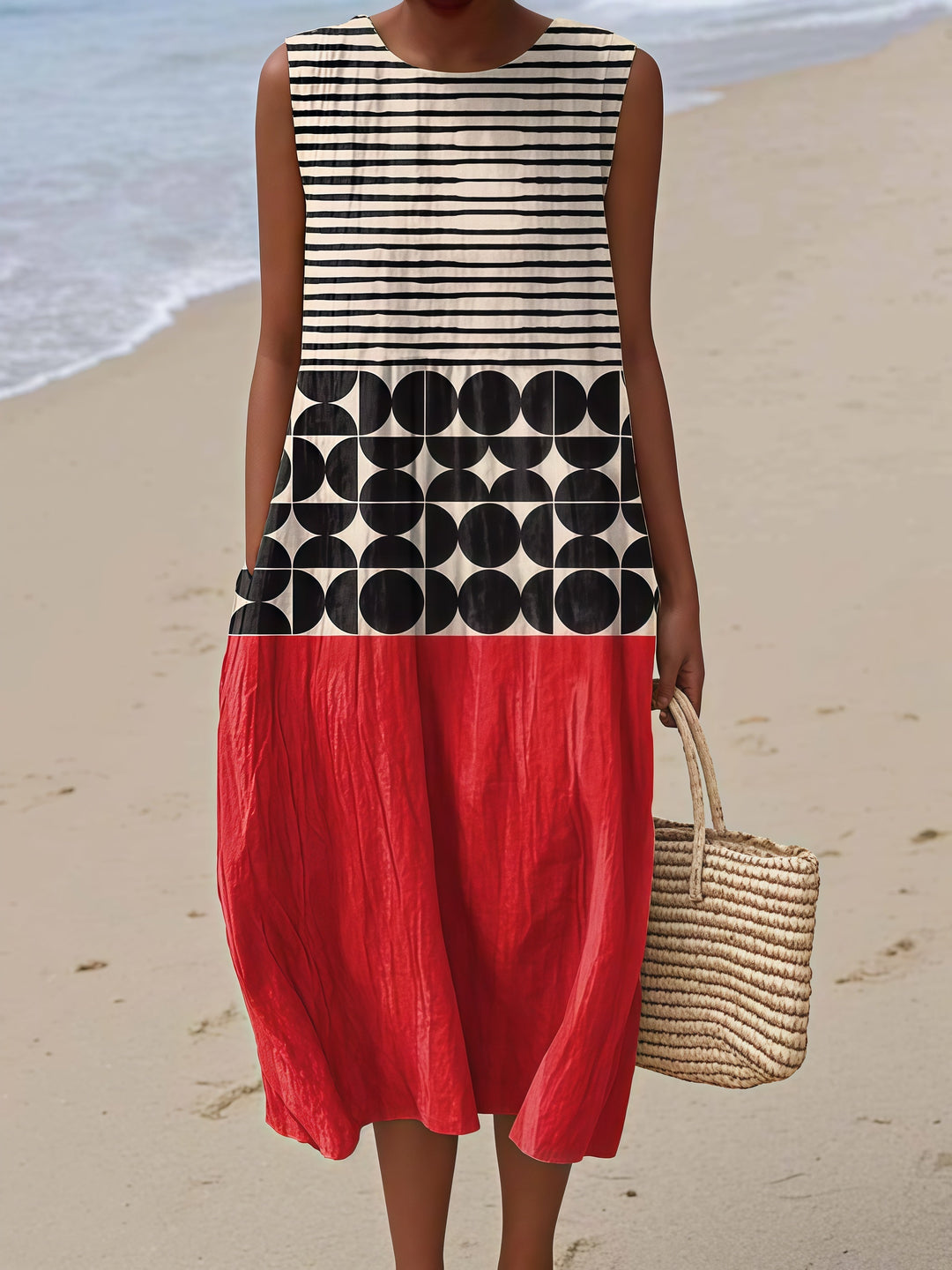 Black White Geometric Red Block Midi Dress